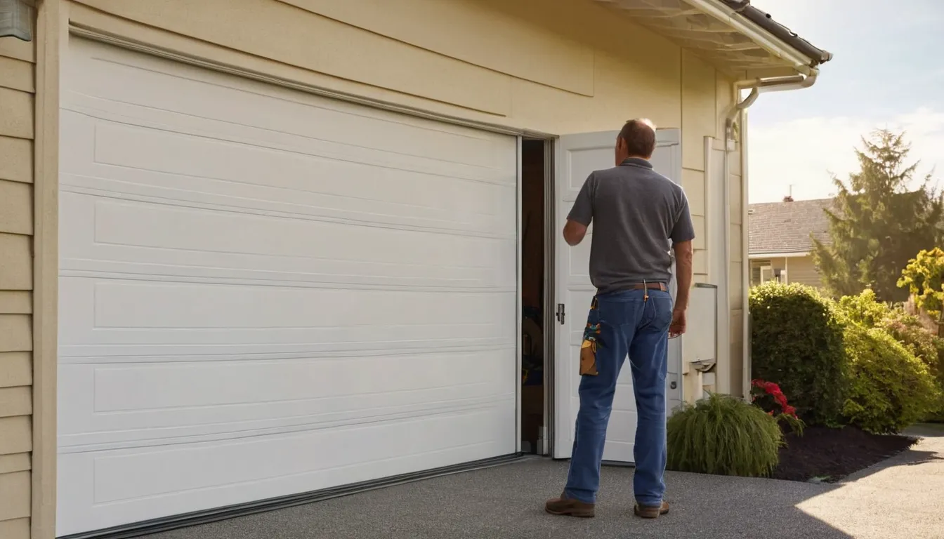 A friendly local provider checking a newly installed garage door on a home in the Blaine area