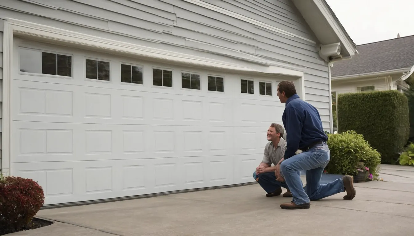 A local garage door provider checking the track and springs on a home garage door in Blaine